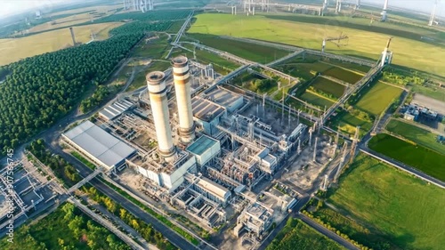 Aerial view of a natural gas power plant surrounded by green spaces. The plant’s use of clean-burning natural gas highlights its role in providing environmentally friendly electricity. photo