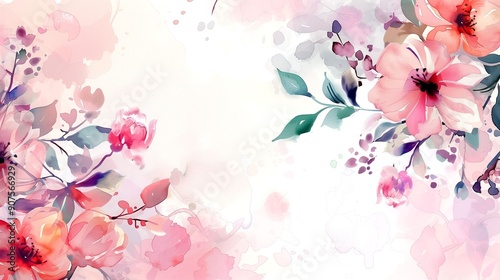 watercolor floral background with an empty background in the middle. Floral pattern in pink and blue shades.