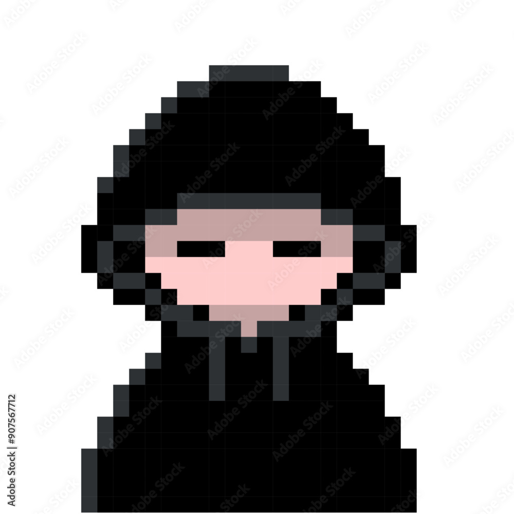 Obraz premium 黒パーカーのフードを深くかぶったハッカー風怪しい人のかわいいドット絵