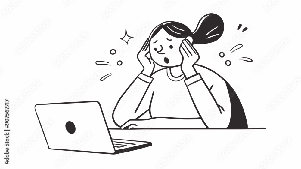 Vector Illustration of a Surprised Woman Working on Laptop on White Background, Cartoon Style Artwork Evoking Wonder and Amazement Vector Illustration of a Surprised Woman Working on Laptop on White Background, Cartoon Style Artwork Evoking Wonder and Amazement