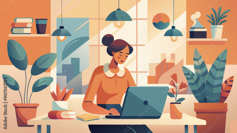 Minimalist Vector Illustration of a Woman Working on a Laptop, Contemporary Artwork Featuring Clean Lines and Modern Aesthetic Trend Minimalist Vector Illustration of a Woman Working on a Laptop, Contemporary Artwork Featuring Clean Lines and Modern Aesthetic Trend