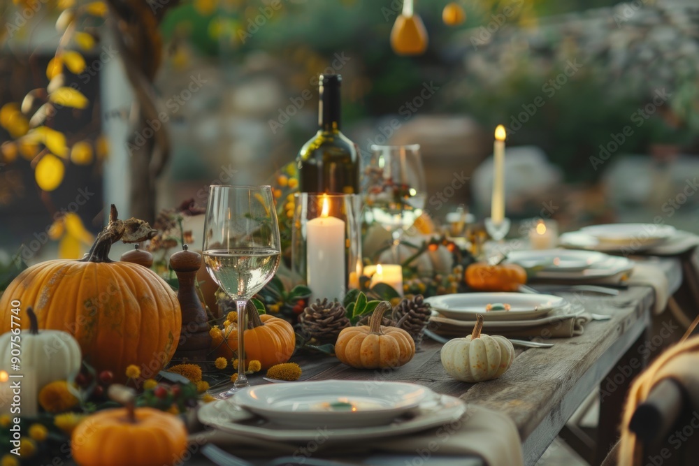 Fototapeta premium A warm and inviting Thanksgiving dinner setting with candles and pumpkins, perfect for fall celebrations