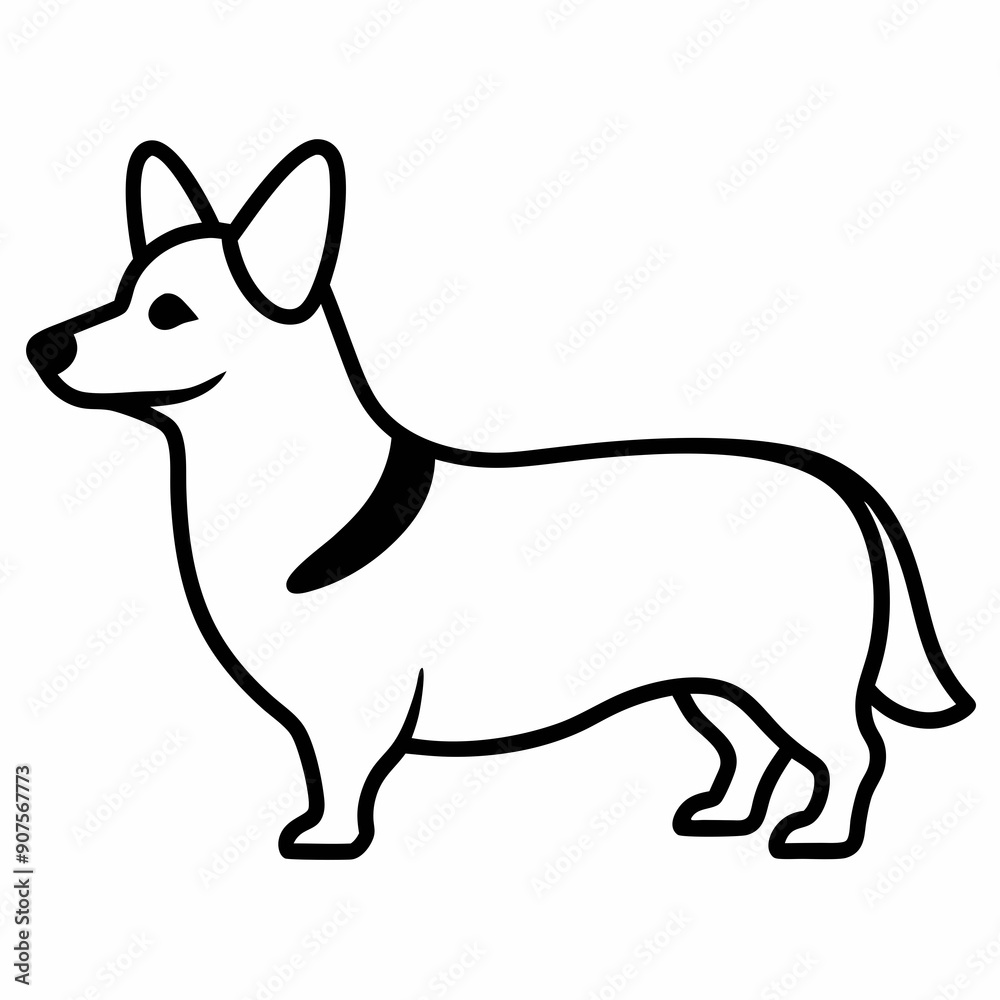 Vector graphic drawing of a small black and white corgi dog, playful mood, one-line illustration. Vector graphic drawing of a small black and white corgi dog, playful mood, one-line illustration.
