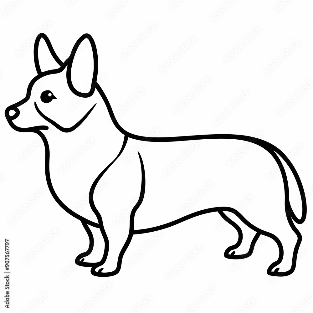 Vector graphic drawing of a small black and white corgi dog, playful mood, one-line illustration. Vector graphic drawing of a small black and white corgi dog, playful mood, one-line illustration.