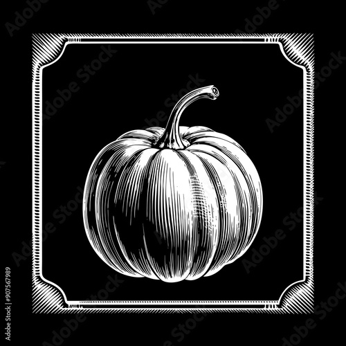 Vintage Engraving Style Pumpkin Illustration on Black Background
