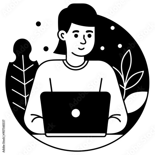 Vector Icon of a Casual Setting Character Working on Laptop in Flat Design Style: Stylized Decorative Background in Soft Colors for Calm and Approachable Professional Presentations and Infographics