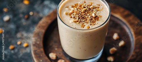 Healthy protein smoothie with roasted multi grain powder as Misutgaru Latte drink photo