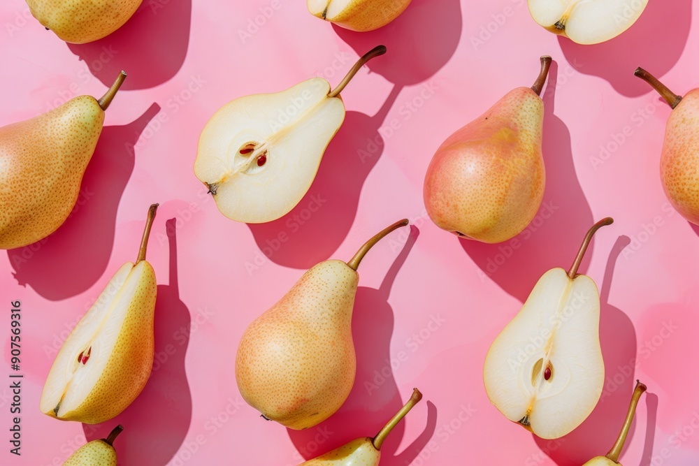 Halved and whole pears arranged on pink background Halved and whole pears arranged on pink background