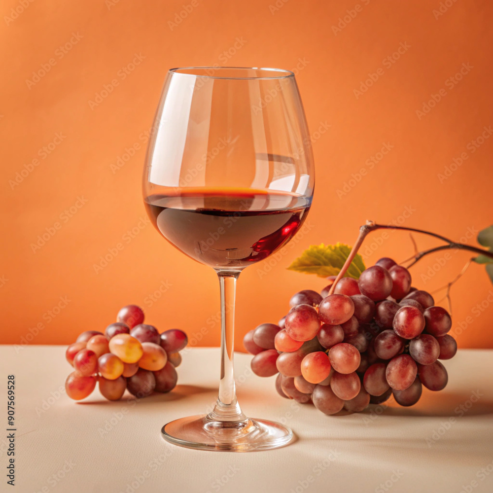 Glass of red wine with grapes on orange background Glass of red wine with grapes on orange background