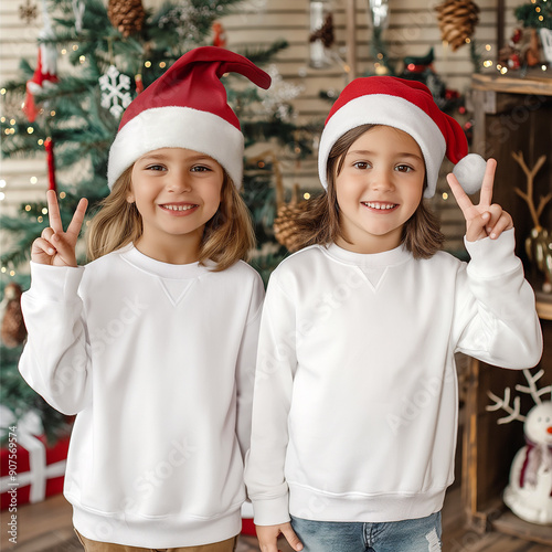 Christmas girls in white sweatshirt mock up. Double matching children's designs for sisters, siblings, twins, family, friends. Xmas Gildan shirts. White jumper photo