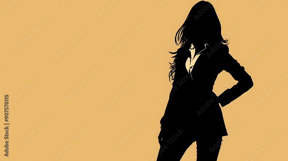 Simple silhouette of a woman in a suit against a yellow background, emphasizing the shape of the body and its strong pose. Simple silhouette of a woman in a suit against a yellow background, emphasizing the shape of the body and its strong pose.