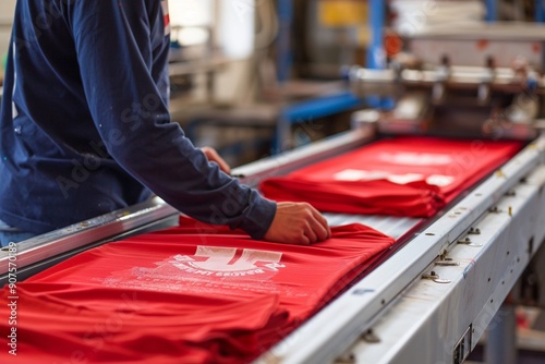 tshirt printing screen manual working worker Red silk print hand textile design shirt colours making fashion business process photo
