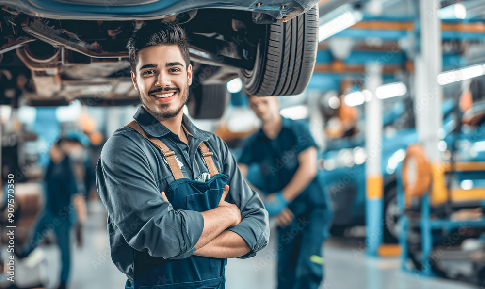 Cheerful mechanic stands in a car service center near a car on a lift and looks at the camera. The mechanic demonstrates a friendly demeanor that shows his passion for his work and customer satisfacti Cheerful mechanic stands in a car service center near a car on a lift and looks at the camera. The mechanic demonstrates a friendly demeanor that shows his passion for his work and customer satisfacti