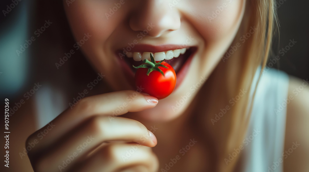 A woman biting bright red tomato, close up shot. A woman biting bright red tomato, close up shot.