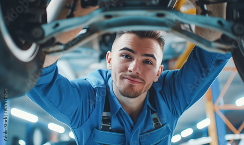 Cheerful mechanic stands in a car service center near a car on a lift and looks at the camera. The mechanic demonstrates a friendly demeanor that shows his passion for his work and customer satisfacti photo