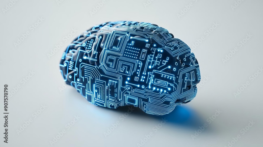 Cross-section of a brain with circuit board elements, Brain Neurology, concept of artificial intelligence Cross-section of a brain with circuit board elements, Brain Neurology, concept of artificial intelligence