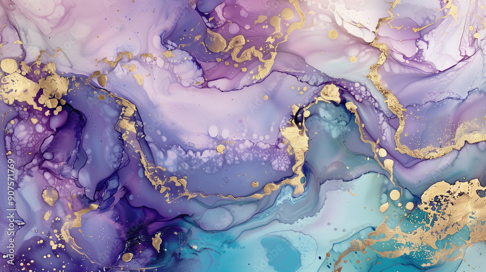 Fototapeta premium Elegant marble ink texture in shades of purple and blue with gold accents