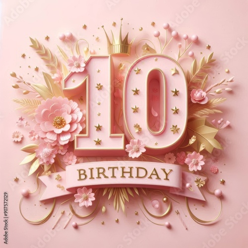 Colorful 10th birthday decoration featuring flowers and stars on a pink background.
