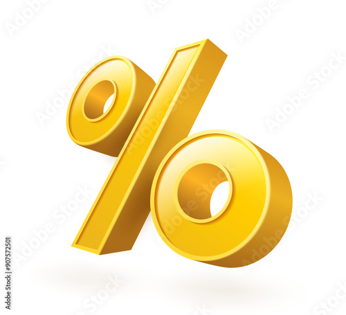 Golden 3D Discount Percentage on Isolated Background. Symbol of Gift, Voucher, Banking Finance, Loan, Deposit. Vector Illustration File.