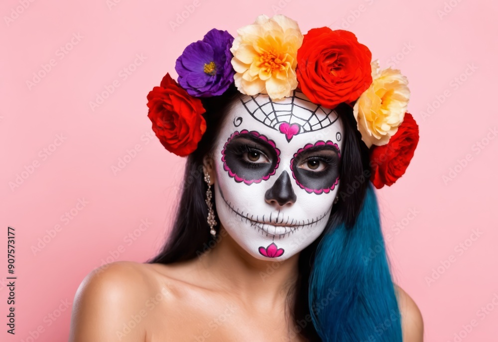 Mexican holiday of the Halloween. a Woman with sugar skull makeup and flowers Mexican holiday of the Halloween. a Woman with sugar skull makeup and flowers