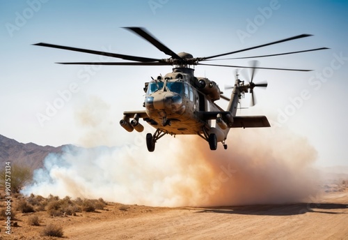 Wallpaper Mural military chopper crosses fire and smoke in the desert, wide poster design Torontodigital.ca