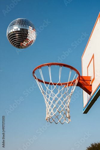 Surreal basketball with a disco ball on a blue sky background.