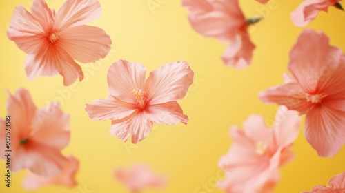 Pink Hibiscus Flowers Falling on a Yellow Background