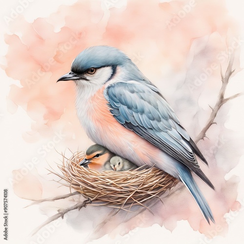 Heartwarming Mother's Day: Bird and Chick Embrace in Serene Pastel Colors for Family Bonding photo