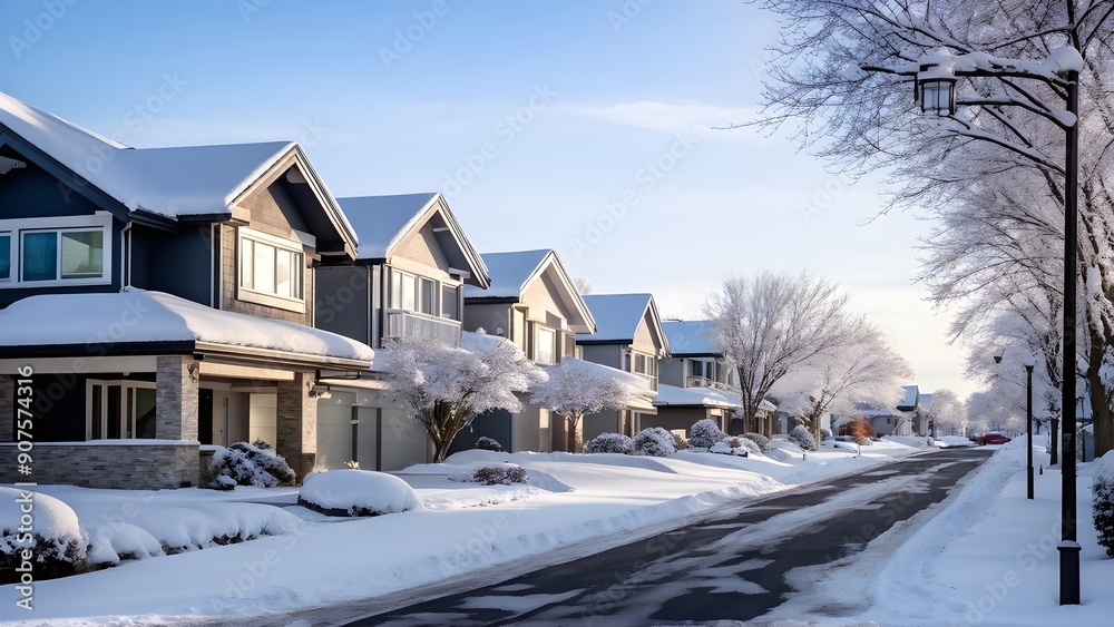 a serene suburban street in winter with snow a serene suburban street in winter with snow