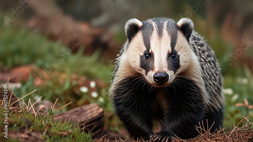 A European badger, captured in a forest setting, sits alert amidst lush green foliage.