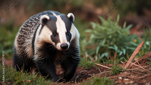 A European badger, captured in a forest setting, sits alert amidst lush green foliage.