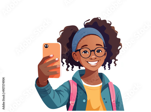  Illustrazione vettoriale di una ragazza che si scatta un selfie con il telefono, esprimendo felicità e stile, ideale per rappresentare il mondo dei social media e la condivisione online.