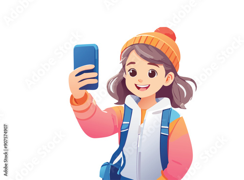  Illustrazione vettoriale di una ragazza che si scatta un selfie con il telefono, esprimendo felicità e stile, ideale per rappresentare il mondo dei social media e la condivisione online.