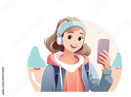  Illustrazione vettoriale di una ragazza che si scatta un selfie con il telefono, esprimendo felicità e stile, ideale per rappresentare il mondo dei social media e la condivisione online.