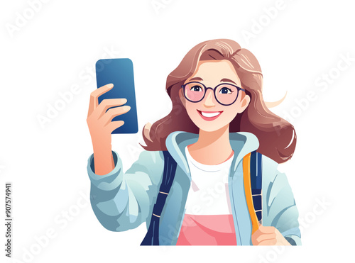  Illustrazione vettoriale di una ragazza che si scatta un selfie con il telefono, esprimendo felicità e stile, ideale per rappresentare il mondo dei social media e la condivisione online.