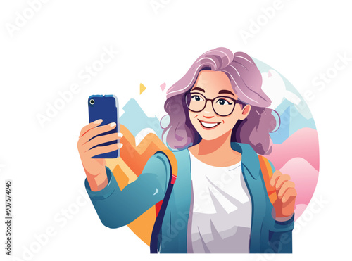  Illustrazione vettoriale di una ragazza che si scatta un selfie con il telefono, esprimendo felicità e stile, ideale per rappresentare il mondo dei social media e la condivisione online.