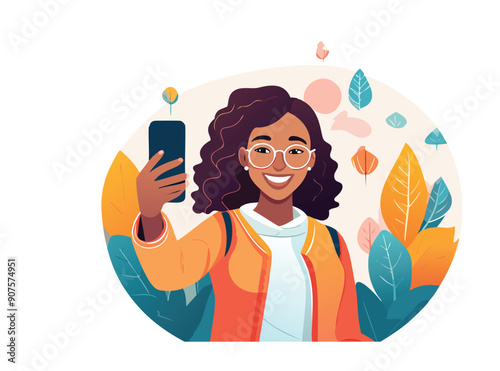  Illustrazione vettoriale di una ragazza che si scatta un selfie con il telefono, esprimendo felicità e stile, ideale per rappresentare il mondo dei social media e la condivisione online.