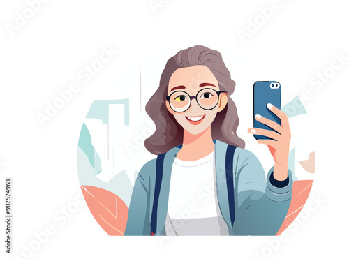  Illustrazione vettoriale di una ragazza che si scatta un selfie con il telefono, esprimendo felicità e stile, ideale per rappresentare il mondo dei social media e la condivisione online.