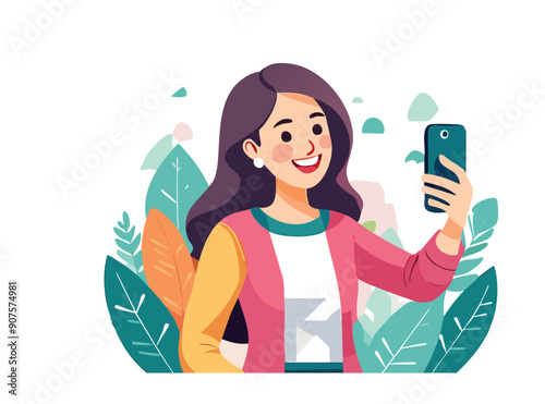  Illustrazione vettoriale di una ragazza che si scatta un selfie con il telefono, esprimendo felicità e stile, ideale per rappresentare il mondo dei social media e la condivisione online.