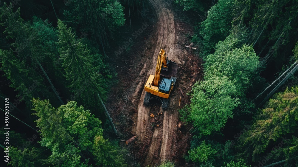 Industrial Logging: Heavy Machinery Felling Trees in a Dense Woodland Industrial Logging: Heavy Machinery Felling Trees in a Dense Woodland