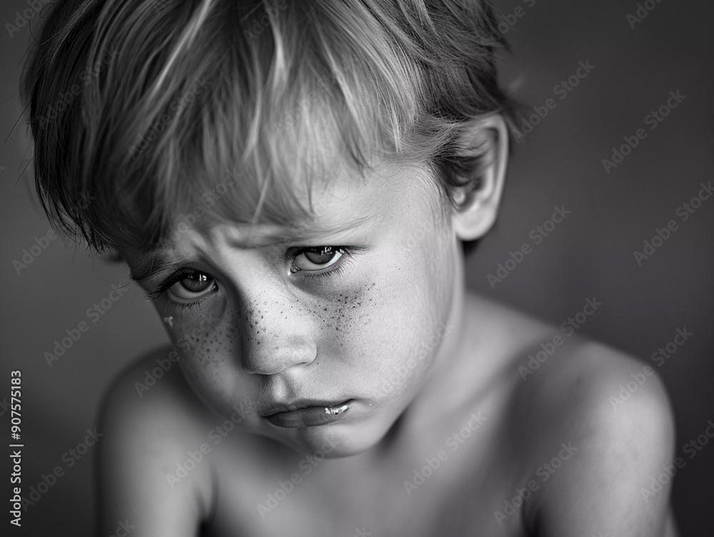 Young Boy With Freckles Displaying Sadness in Monochrome Atmosphere Captured Indoors Young Boy With Freckles Displaying Sadness in Monochrome Atmosphere Captured Indoors