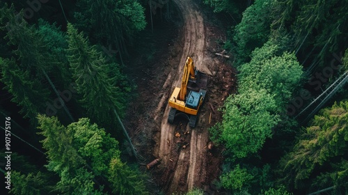 Industrial Logging: Heavy Machinery Felling Trees in a Dense Woodland