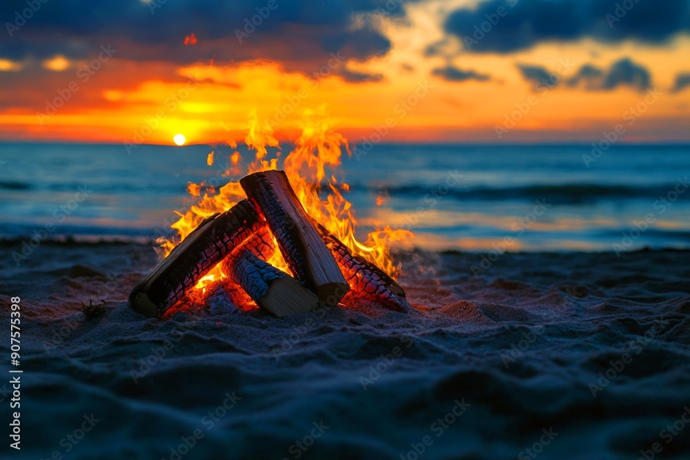 Fototapeta premium Cozy Bonfire on the Beach: Sunset Reflections and Warmth
