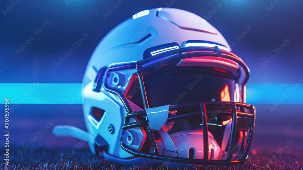 Obraz premium A football helmet is lit up in a blue and purple background. The helmet is white and has a black face mask