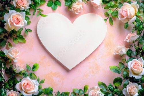 Elegant Romance: Pink Roses and Green Leaves Frame a White Heart