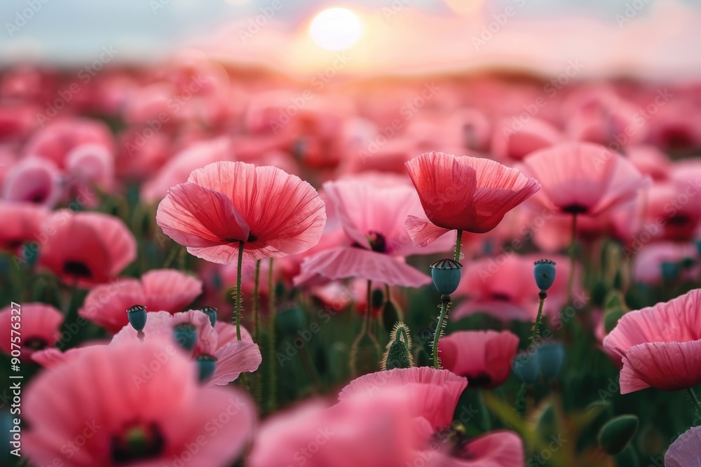 Field with pink poppies, beautiful nature. Field with pink poppies, beautiful nature.
