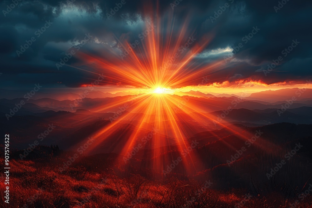 Obraz premium Inverse to the mountain tops and the sunset with the rays of the sun