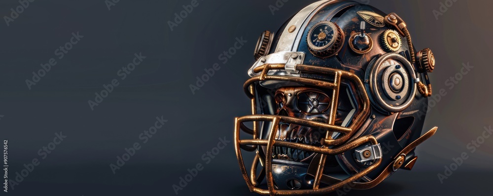 A skull with a helmet on top of it. The skull is surrounded by gears and the helmet is made of metal A skull with a helmet on top of it. The skull is surrounded by gears and the helmet is made of metal