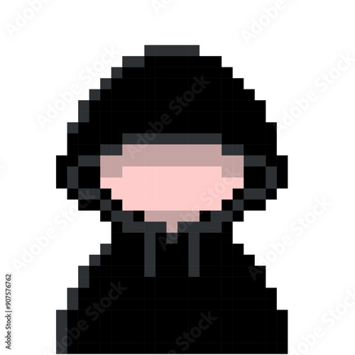 黒パーカーのフードを深くかぶったハッカー風怪しい人のかわいいドット絵