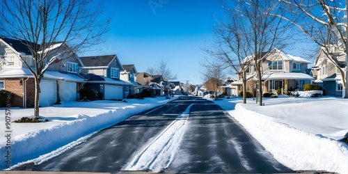 a serene suburban street in winter with snow